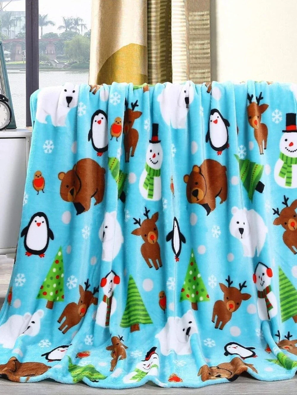 Christmas Throw Brown Polar Bear Penguin Tree Plush 50x60